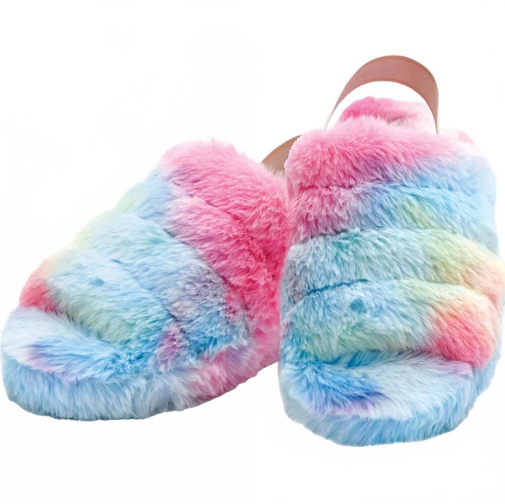 NEW ISCREAM girl's tie dye rainbow furry slippers in tie dye